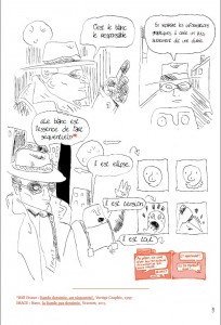 Extrait du mémoire de Martin Guillaumie "La révolution aura-t-elle lieu" (2014). Comment rendre compte visuellement d'une citation ? Will Eisner devient le Spirit, mais la norme citationnelle de bas de page est respectée. 